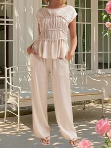Women's Pants Set Fashionable Solid Color Smocked Cap Sleeve Tops With Drawstring Pants 2Ps Outfits - Champagne - View 6