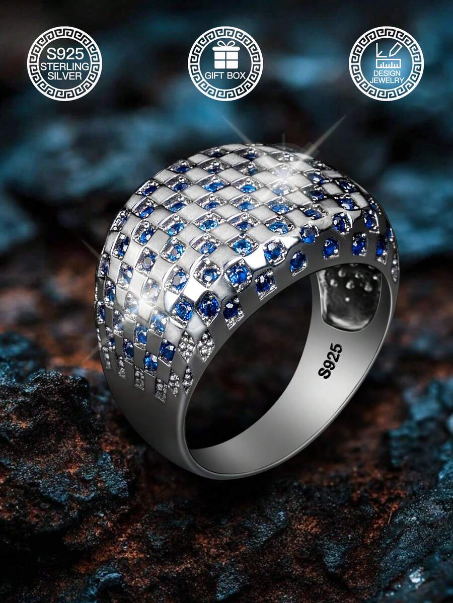 1 件 S925 纯银戒指，镶嵌蓝色合成方晶锆石，男女情侣佩戴，方形经典独特守护珠宝，情人节圣诞礼物，礼盒
