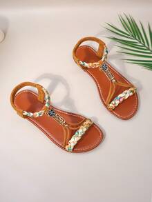 1双青少年彩色编织绳+花卉装饰仿皮舒适防滑露趾编织波西米亚风平底凉鞋，适合日常休闲/假日穿着 - 棕色 - 查看 3