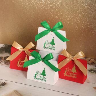 5/20Pcs Christmas Candy Boxes Reindeer Cookie Gift Candy Box Eve Cookies Favor Gift Packaging Box With Ribbon New Year Merry Christmas Party Decoration