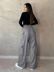 Pantalón cargo ancho con bolsillos laterales y cintura elástica, estilo urbano relajado para primavera y otoño - Gris - Ver 3
