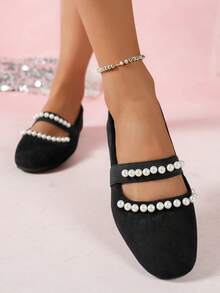 qishangda [Qishangda] Round Toe Pearl Decor One-Strap Flat Mary Jane Shoes, Plus Size
