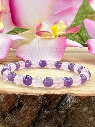 1 件波西米亚风格优雅 6 毫米天使石串珠手链，手工制作的 Myra 与多面透明石英，精神守护连接，女士天然石首饰，情人节的理想礼物