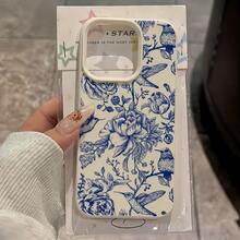 1pc White Leather Texture Minimalist Blue Flower & Bird Pattern Phone Case, Suitable For IPhone 16 Pro Max, 15, 14 Plus, 13, 12, 11
