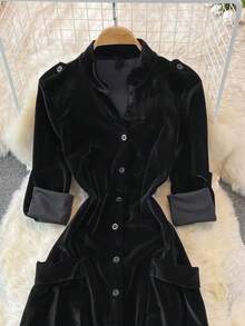 Women's Vintage Waist Pocket Single-Breasted Velvet Cardigan Dress, Autumn/Winter - Black - View 3