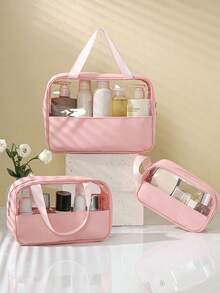 3 件/套防水 PVC 旅行化妆包、化妆刷收纳袋、化妆收纳包、洗漱包、度假和夏季的理想选择、透明化妆包、沙滩包、多功能行李包、适用于口红、唇线笔、化妆刷、眼影盘、内衣、牙膏、牙刷、化妆品、护肤品、眉笔、粉扑、梳子、指甲油、珠宝、香水、文具、数码产品浴室装饰化妆品收纳浴室配件返校