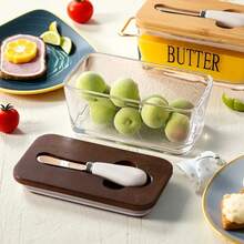 1pc Acacia Wood Lid Glass Butter Dish Set. Thick Glass Butter Container With Bamboo Lid For Home Kitchen, Large Butter/Cookie/Snack Storage, Suitable For Gifts, Christmas Present