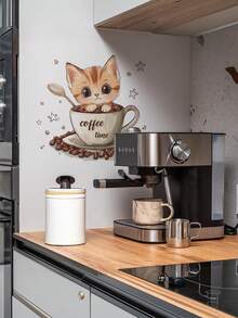 1 pieza Pegatina decorativa de pared con fondo de gato de taza de té de dibujos animados, adecuada para decoración de dormitorio, baño, habitación, hogar, cocina, restaurante, regalo de cumpleaños, graduación, vacaciones