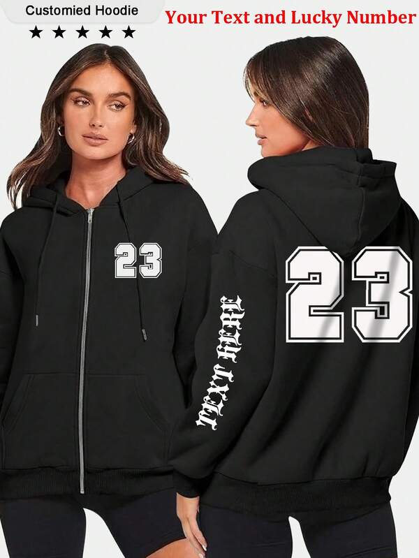 Customized Women's Zip-Up Hoodie Sweatshirt Jacket - Front And Back Customized With Numbers, Lucky Numbers, Jersey Numbers, Team Uniforms, Emojis, Anniversaries, Couples, Friends, Work Uniforms, Anything Can Be Customized, Women's Autumn Hoodie Jacket
