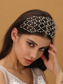 1pc Elegant Handmade Faux Pearl Woven Headband For Women, Bridal Wedding Bohemian Headpiece, Suitable For Party Accessories