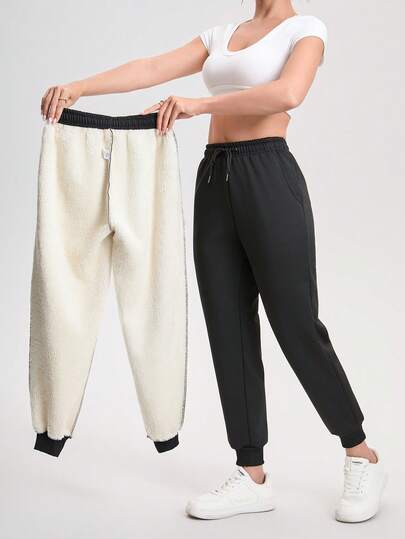Women's Thermal Lined Sweatpants - Solid Color, Autumn/Winter, Knit Fabric, Regular Fit, Elastic Waist With Drawstring, Suitable For Running And Casual Daily Wear,Fleece