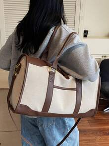 大容量极简旅行手提包，时尚撞色波士顿单肩包，休闲百搭，可单肩背或斜挎，黑棕米色 - 棕色 - 查看 7