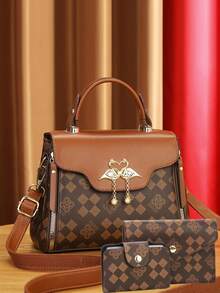 Fashion Letter Color Block Shoulder Bag & Handbag Set For Women - Coffee - View 13