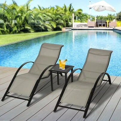 3-Piece Sun Lounger Set – Grey Outdoor Garden Chairs With Side Table & Armrests – Metal Frame Patio Furniture For Poolside, Balcony & Terrace