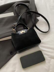 迷你新款时尚绒面革手提包，适合聚会、郊游、度假、购物和日常使用，可存放硬币、手机，也可用作白领、大学生和办公室职员的工作包，优雅的女士包 - 黑色 - 查看 5