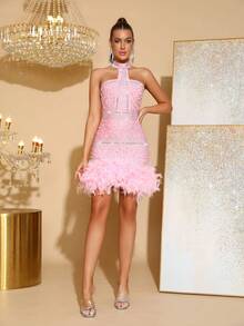 奢华羽毛串珠和水钻装饰性感露背无袖紧身迷你连衣裙，女士鸡尾酒会、生日、毕业典礼礼服 - 粉色 - 查看 6