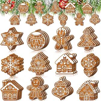 12pcs/24pcs/36pcs Christmas Gingerbread Decorations, For Tree Mini Snowflake Wooden Flowers Hanging Winter Christmas Decorations, Ropes, For Christmas Party Holiday Winter Crafts (Brown, Gingerbread) Home Decor Room Decor Christmas Decorations Home Christmas Gifts Christmas Decor