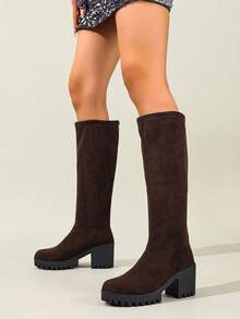 Women's Fashion Casual Comfortable Chunky Heel Side Zipper Knee-High Riding Boots, Pointed Toe - Coffee Brown - View 2