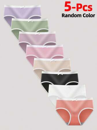 5pcs Random Color Cute Bow Decor Panties, Girls' Solid Color Comfortable Everyday Underwear