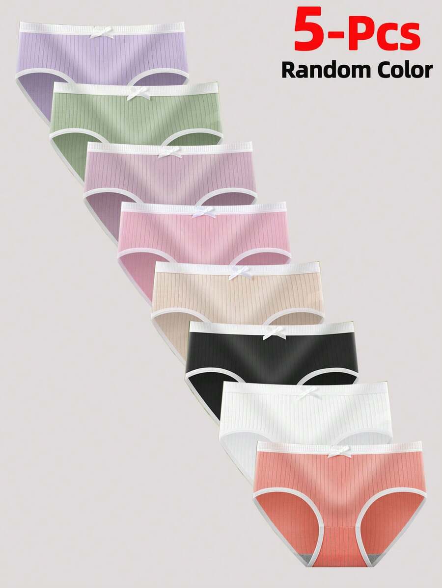 5pcs Random Color Cute Bow Decor Panties, Girls' Solid Color Comfortable Everyday Underwear - Multicolor - View 1
