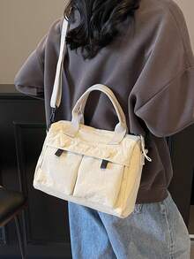 2025新款休闲时尚多口袋手提包，波士顿圆柱形枕头包，迷你女士托特包适合日常通勤、购物、斜挎包，学院风学生帆布包带拉链开合，轻便可折叠 - 米色 - 查看 3
