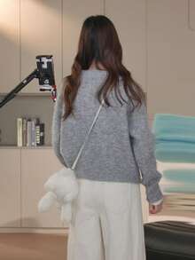 韩版休闲宽松圆领针织开衫 - 灰色 - 查看 3
