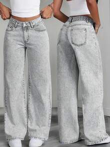 Teen Girls' Loose Fit Straight Leg Jeans With Pockets, Casual & Versatile - Grey - View 1