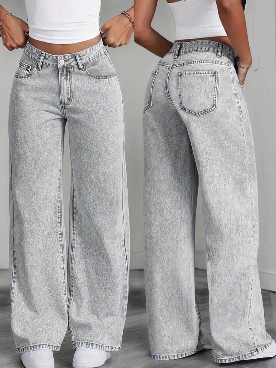 Teen Girls' Loose Fit Straight Leg Jeans With Pockets, Casual & Versatile - Grey - View 1