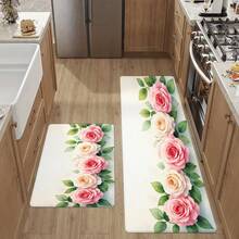 Elegant Floral Rose Kitchen Mats Set - Non-Slip Soft Rubber Backing Runner And Area Rugs - Stylish And Functional Floor Protection For Kitchen, Dining Room, Or Entryway - Ideal Home Decor Gift - Multicolor - View 3