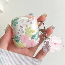 Minimalist Pink Floral Pattern TPU Wireless Earphone Protective Case, Suitable For AirPods 1/2, AirPods 3, Pro, Pro 2, With Pendant Accessory - Multicolor - View 5