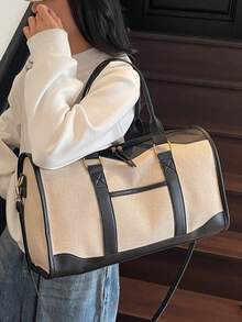 大容量极简旅行手提包，时尚撞色波士顿单肩包，休闲百搭，可单肩背或斜挎，黑/棕色配米色，旅行、度假必备，女士 - 黑色 - 查看 5