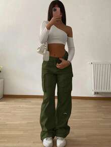 Elegant Stylish Vintage Y2K Casual Cute Cargo Pants - High-Waisted, Solid Color Elastic Waist Wide-Leg, Pocketed, Comfortable, Airport Outfit, Back To School, Teacher, Clubs, Birthday Parties, Halloween, Christmas, New Year, Thanksgiving, Concerts, Gym, Business, Street Wear, Spring, Summer, Autumn And Winter Styles