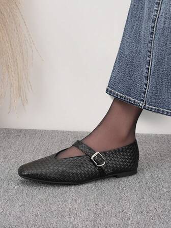 Women's New Flat Shoes, Fashion Square Toe, Metal Buckle, Black Woven Pattern Ballet Flats, Mary Jane Casual Shoes Suitable For Daily Wear, Walking, Work, Vacation, Party, Can Be Paired With Jeans, Skirts, Dresses, Lightweight And Comfortable