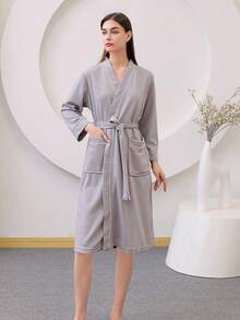 1pc Absorbent Fabric Bathrobe, Sauna Wear, Hotel Quality Robe, Unisex, With Dual Pockets, Suitable For Home