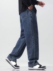 Plus Size Men's Drawstring Elastic Waist Stretch Jeans, Loose Fit Straight Leg Denim Pants, Casual Versatile Comfortable, All Season