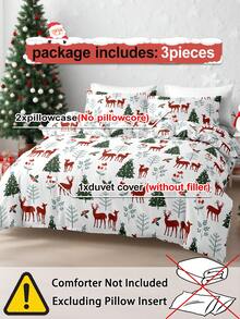 3pcs/Set Christmas Bow Reindeer Christmas Tree Print Duvet Cover Set(1 Duvet Cover & 2 Pillowcase)Soft And Skin-Friendly Duvet Cover Bedding Set For Home, All Season Bed Sheets Set Christmas Gift