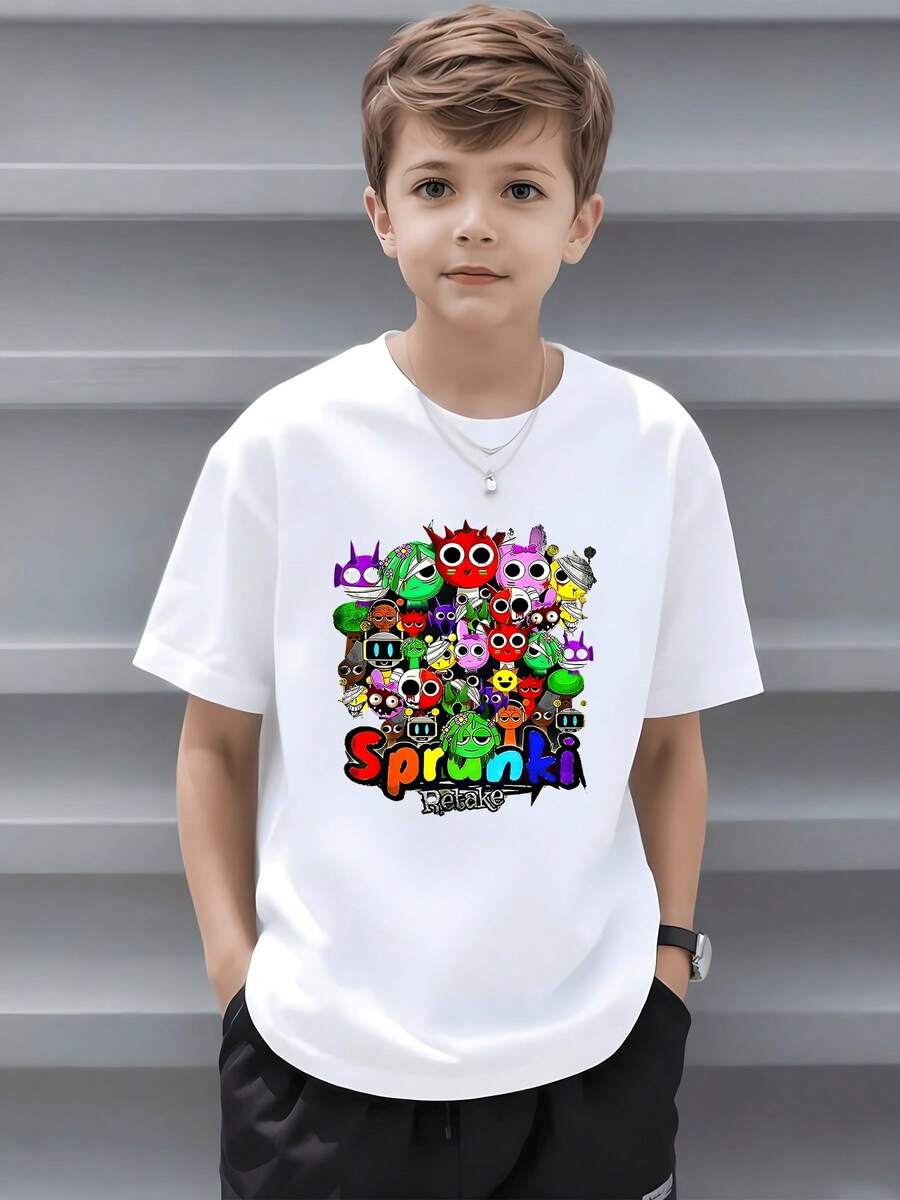 Camiseta infantil 1 camiseta con estampado digital Dibujos animados geniales 100% algodón Fresca Camiseta estampada para ni?o - Blanco - Ver 1