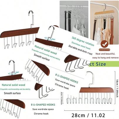 Belt Hanger Tank Top Bra Hangers 8Hook Tie Rack Anti Slip Multi Hook Wooden Hangers Space Saving Coat Rack Hanging Organizer For Belts Ties Scarfs Bras Hat Camisoles Retro Color