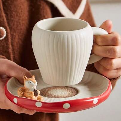 1 Set Embossed Squirrel & Mushroom Ceramic Coffee Cup & Saucer, Cute Reusable Latte/Milk Cup Set, Ideal For Home Use Or Gifting