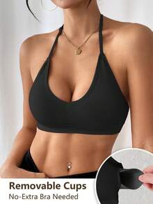 LianShengFa 1pc Seamless Ribbed Racerback V-Neck Sports Bra, Removable Pads, Soft Comfortable Breathable Yoga Bra - Black - View 3