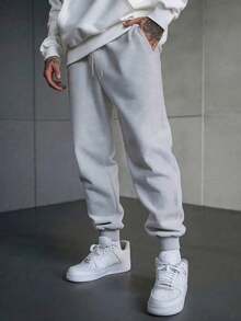 2PCS Men's Drawstring Waist Solid Color Sweatpants Long Printed Sweatpants Plain Black Fitness Basics , Fall Clothes