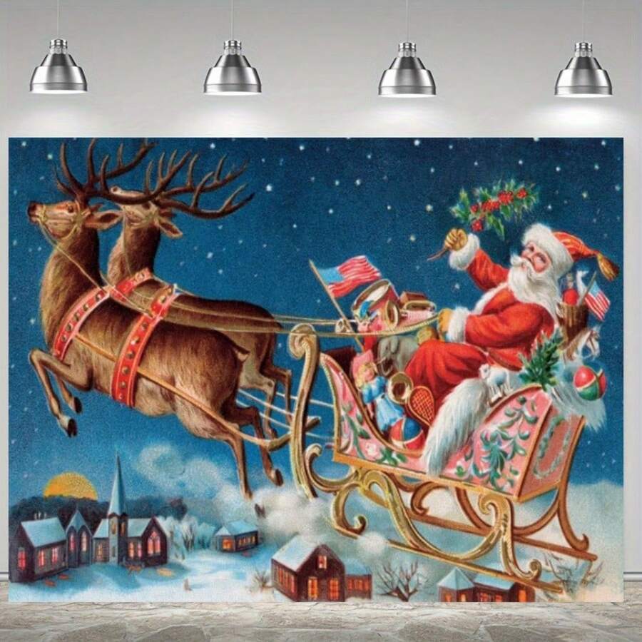 لافتة ديكور خلفية عيد الميلاد، سانتا كلوز راكب الغزال في الشتاء، قرية، أحجام متعددة، لافتة عيد الميلاد