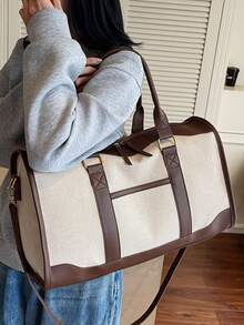 大容量极简旅行手提包，时尚撞色波士顿单肩包，休闲百搭，可单肩背或斜挎，黑棕米色 - 棕色 - 查看 6