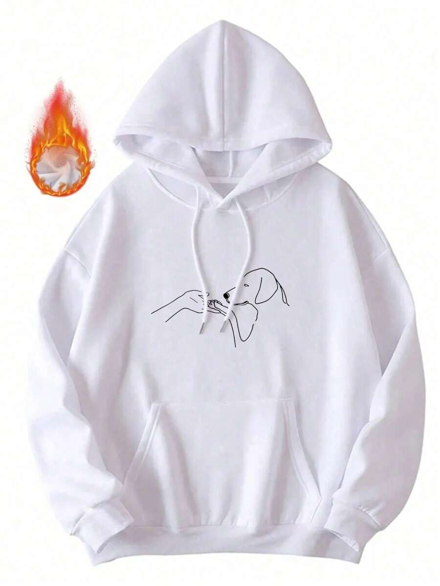 Men's Line Art Dog Print Hoodies Poop Scooper Exclusive! Super Cute Hand-Drawn Puppy Sketch, Minimalist Pet Interaction Design – Adorable Paw Print & Leash Graphic Tee - trắng - Xem 1