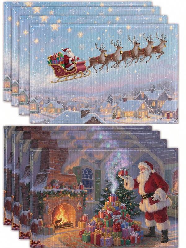 Sets de table, Sets de table en lin avec motif Père Noël apportant des cadeaux, Dessous de plat isolants, Tapis de table, Fournitures de restaurant, Décoration de restaurant, Sets de table d'extérieur, Tapis de pique-nique, Cadeaux, Sets de table de fête, Convient pour les restaurants, les cuisines, l'extérieur, les pique-niques, les fêtes
