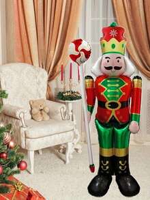 1pc 62-Inch Standing Candy Nutcracker Soldier Foil Balloon, Christmas Theme Decoration For Shopping Mall Atmosphere, Indoor Themed Decor - Multicolor - View 5
