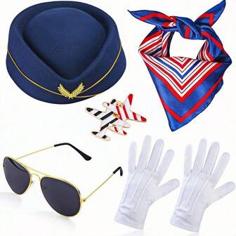5pcs/Set Holiday Themed Flight Attendant Hat, Scarf, Brooch, Gloves, Glasses Cosplay Accessories, Retro Stewardess Outfit,Halloween