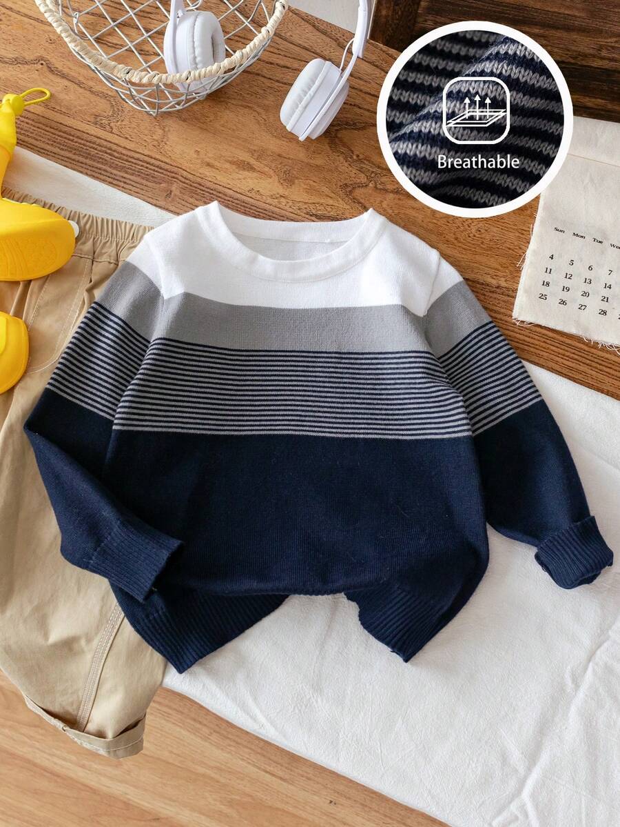 1pc Boys' Collegiate Striped Lightweight Knit Pullover Sweater, Suitable For School In Spring And Autumn - Navy Blue - View 1
