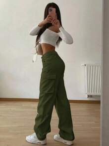 Elegant Stylish Vintage Y2K Casual Cute Cargo Pants - High-Waisted, Solid Color Elastic Waist Wide-Leg, Pocketed, Comfortable, Airport Outfit, Back To School, Teacher, Clubs, Birthday Parties, Halloween, Christmas, New Year, Thanksgiving, Concerts, Gym, Business, Street Wear, Spring, Summer, Autumn And Winter Styles