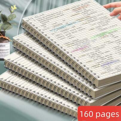 160页透明塑料精装螺旋笔记本，厚网格纸笔记本，适合高中生和大学生，简约网格笔记本